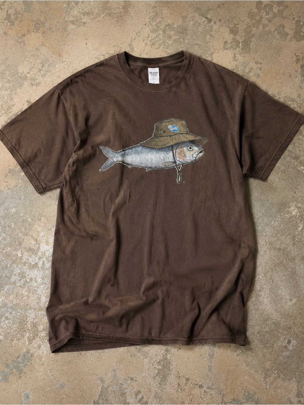Gildan 5000 Brown T-Shirt with Fishing Fish Graphic, Y2K, Streetwear, Size L